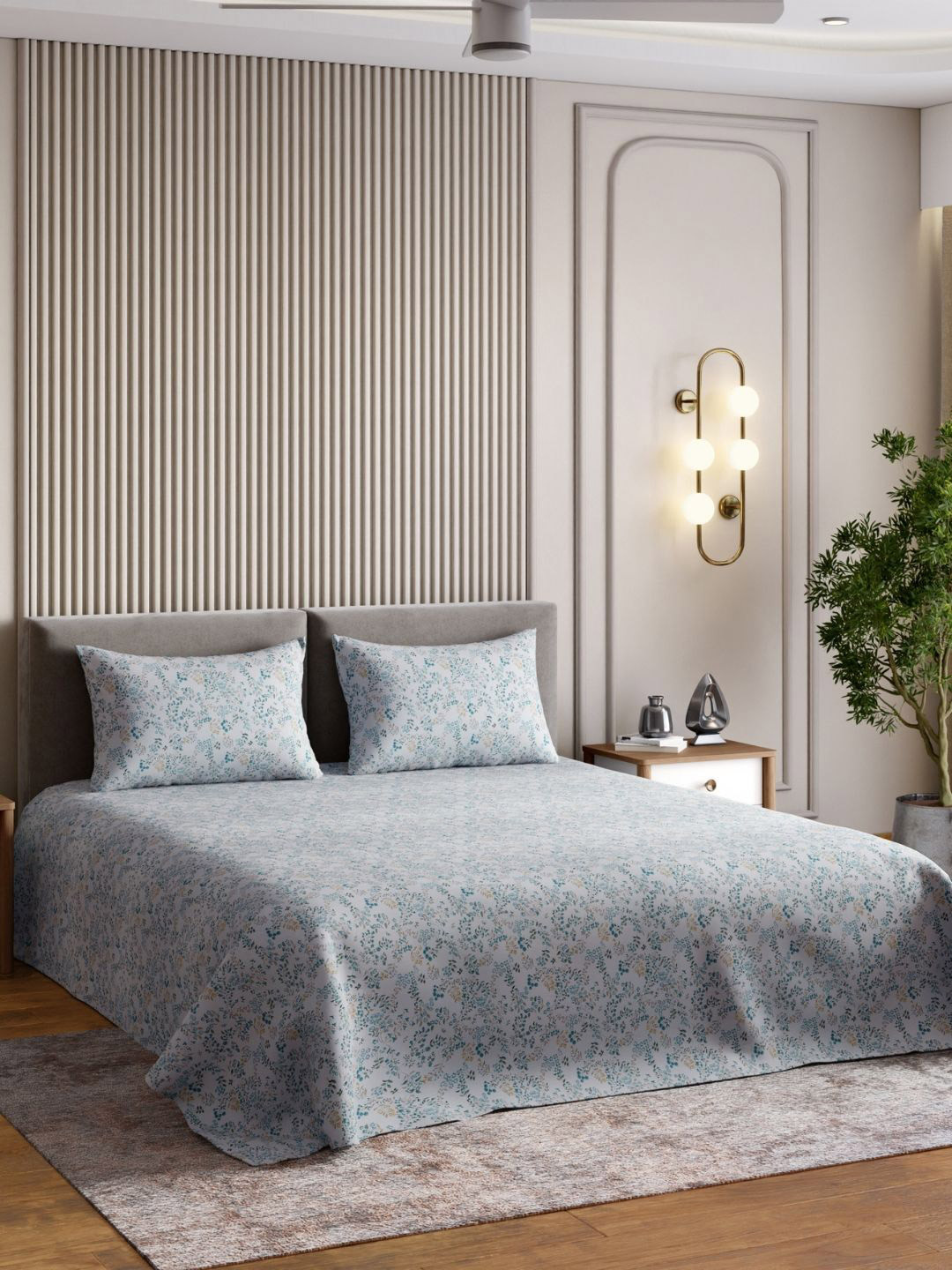 haus & kinder Clouddrape Signature Grey Floral Cotton 300TC King Bedsheet Set-2.75mx2.75m