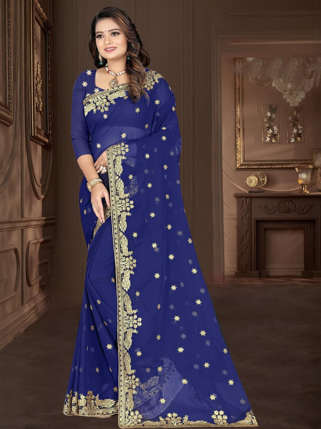F FASHION Floral Beads and Stones Silk Blend Saree