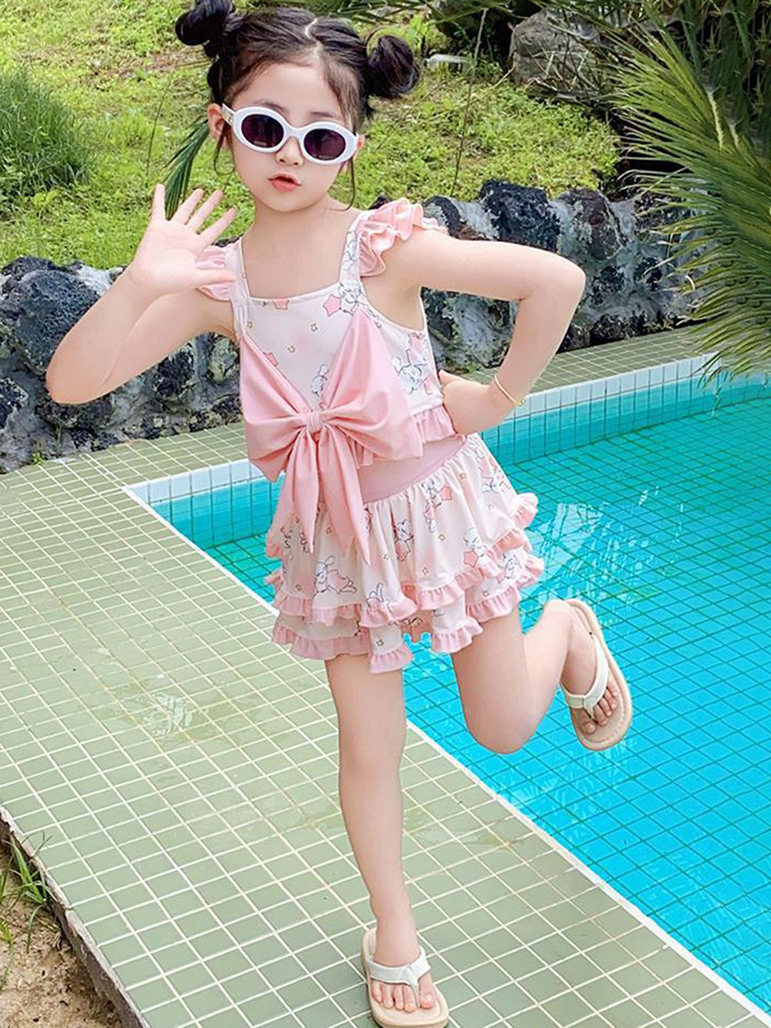 LULU & SKY Girls Geometric Printed Shoulder Strap Sleeveless Top & Skirt Swim Set