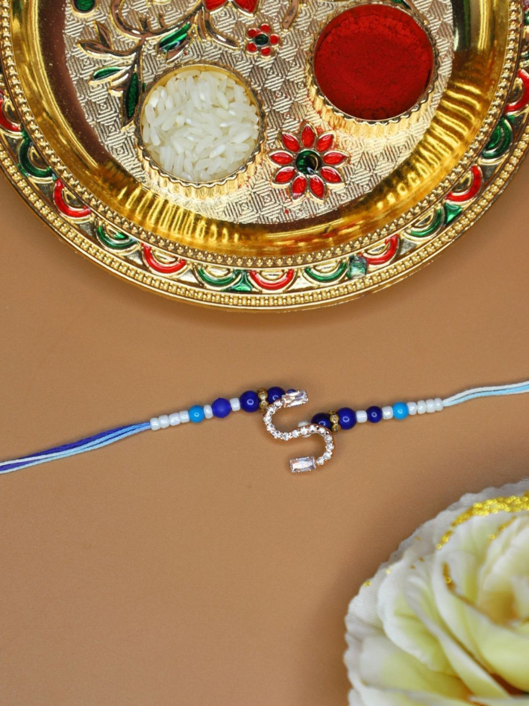 House of Pataudi Alphabet S Initial Thread Rakhi With Greeting Card & Roli Chawal