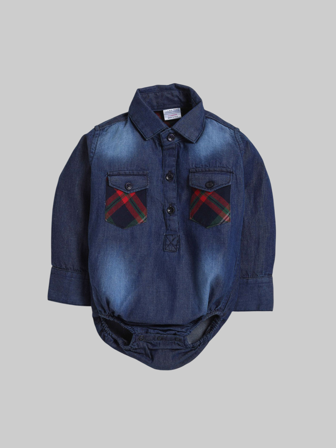 Polka Tots Infants  Dual-Pocket Denim Bodysuit With Plaid Flaps