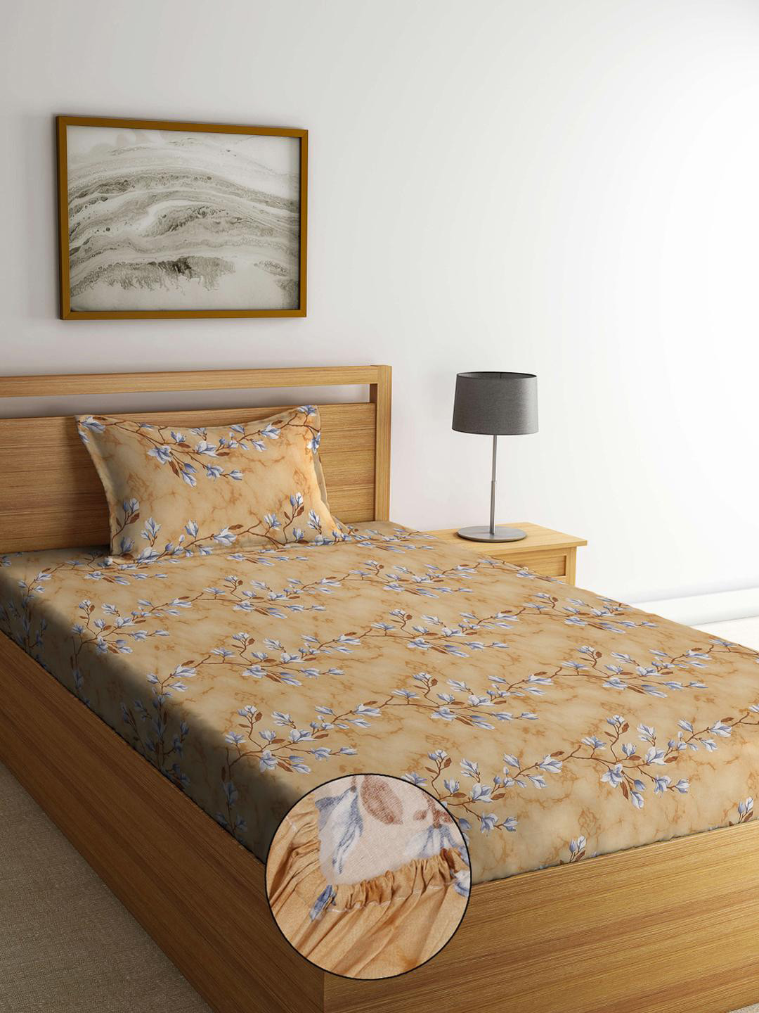 Myntra Elegant Homes Floral Print Fitted 400 TC Cotton Single Bedsheet With Pillow Cover