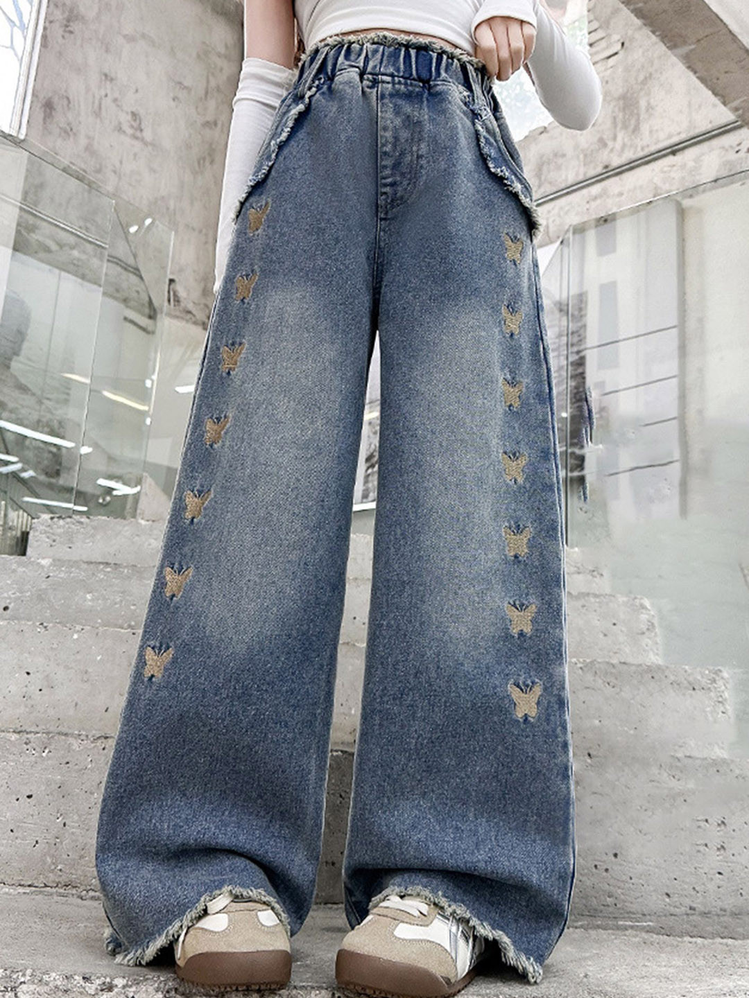 LULU & SKY Girls Wide Leg High-Rise Self-design Heavy Fade Jeans