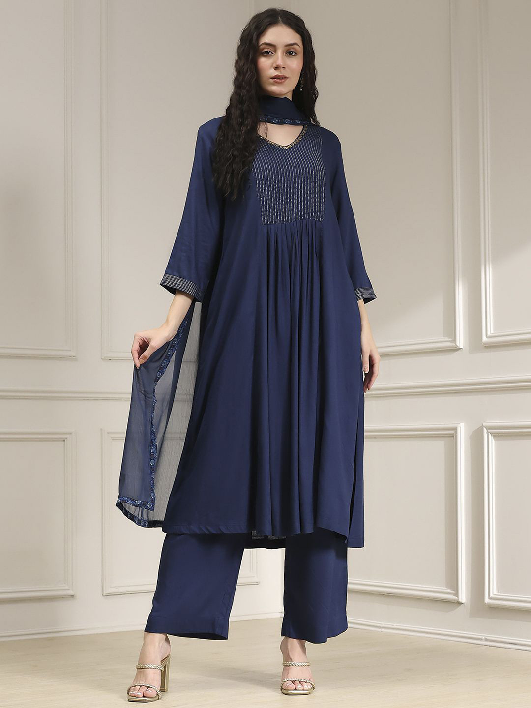 Biba Women Woven Design A-Line Kurta with Palazzo & Dupatta