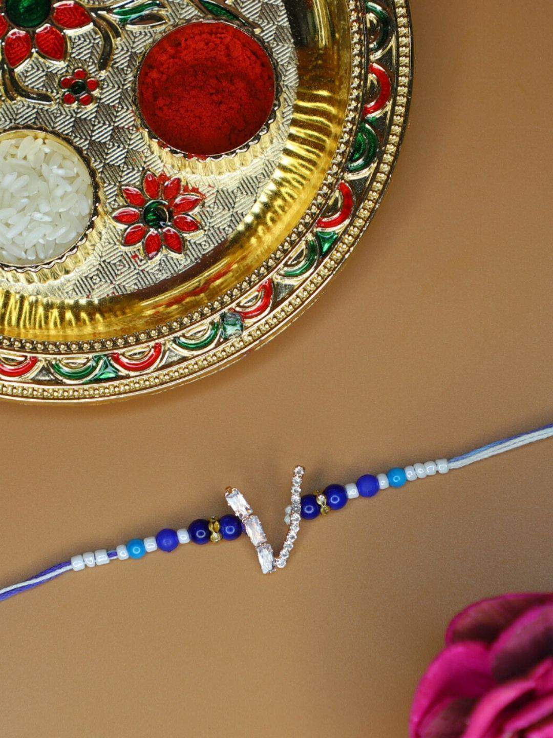 House of Pataudi Alphabet V Initial Thread Rakhi With Roli Chawal & Funny Greeting Card