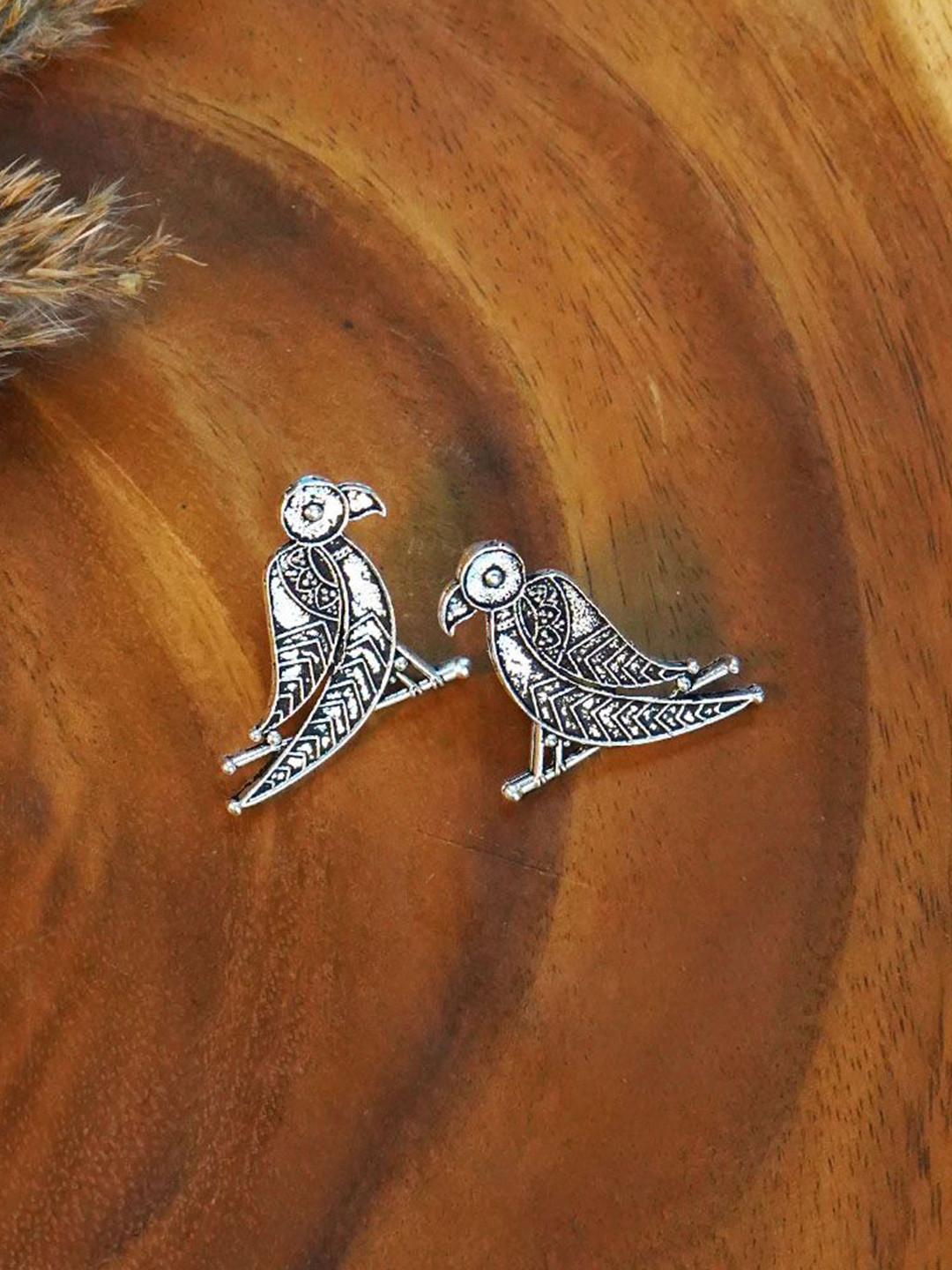 trueBrowns Silver-Plated Parrot Shaped Oxidised Studs Earrings