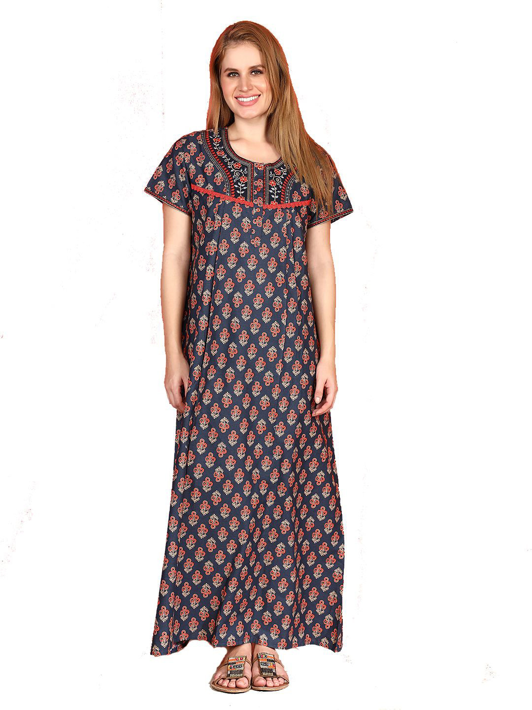 evolove Women Ethnic Motifs Print Pure Cotton Maxi Nightdress