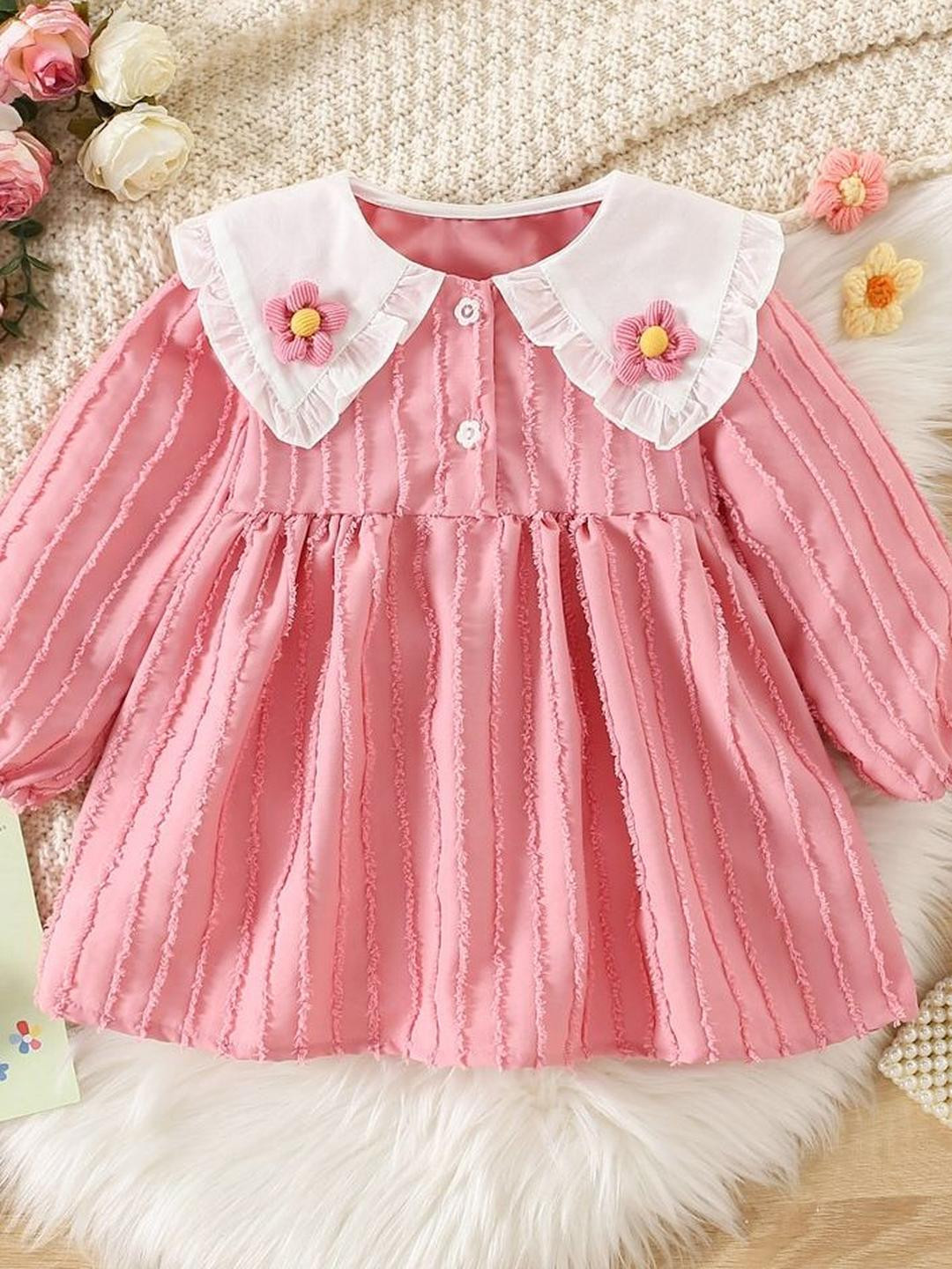 LULU & SKY Girls Peter Pan Collar Self Design Puff Sleeves Applique Peplum Dress