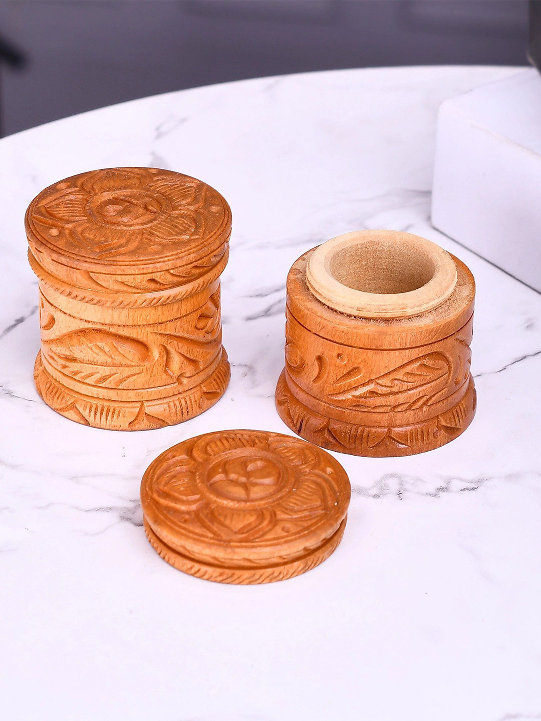 CRAFTAM 2Pcs Brown Handcraft Wooden Sindoor Dani Box