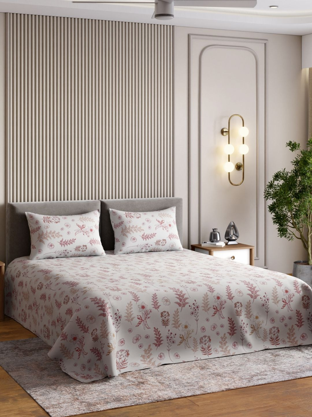 haus & kinder White & Red Floral 186 TC King Bedsheet with 2 Pillow Covers