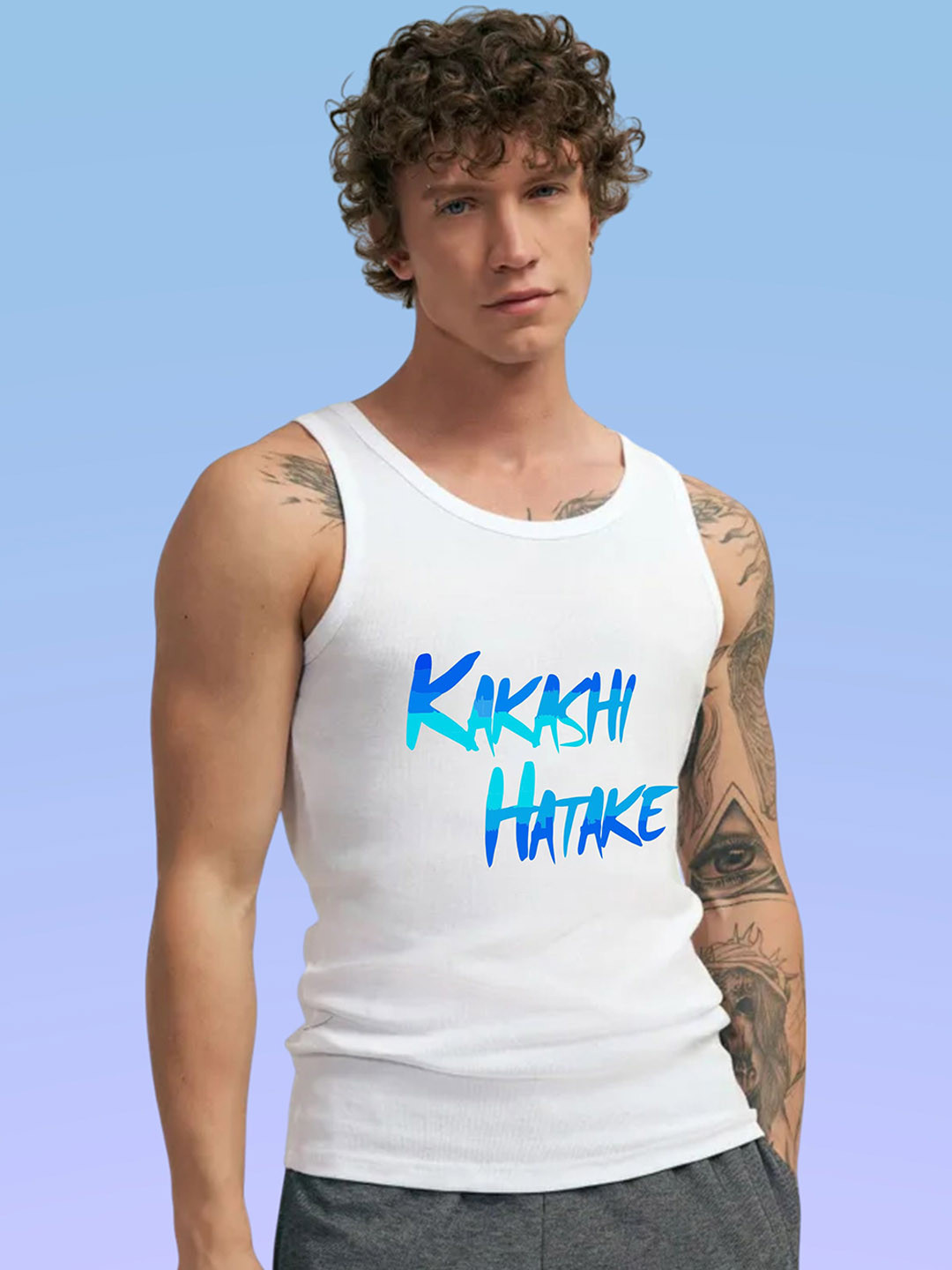 Uniplanet store Printed Scoop Neck Gym Vest UVM-LG-HATAKE-BL-WHT-S