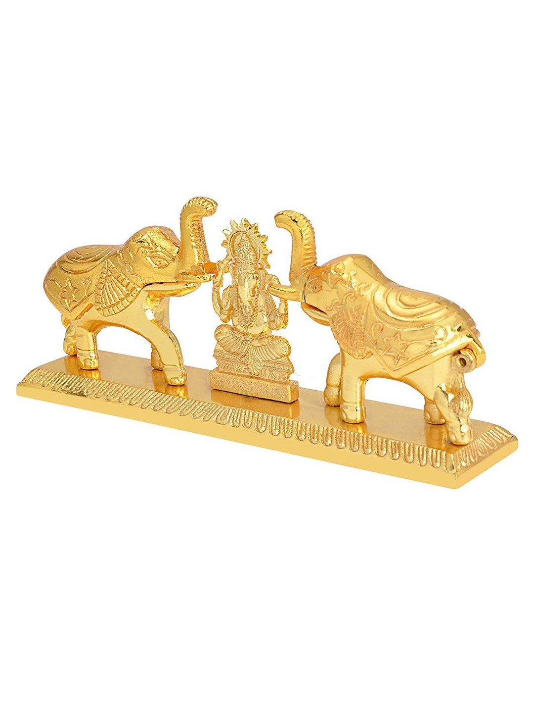CRAFTAM Yellow Metal Ganesha With Double Elephant Roli Rice Storage Box