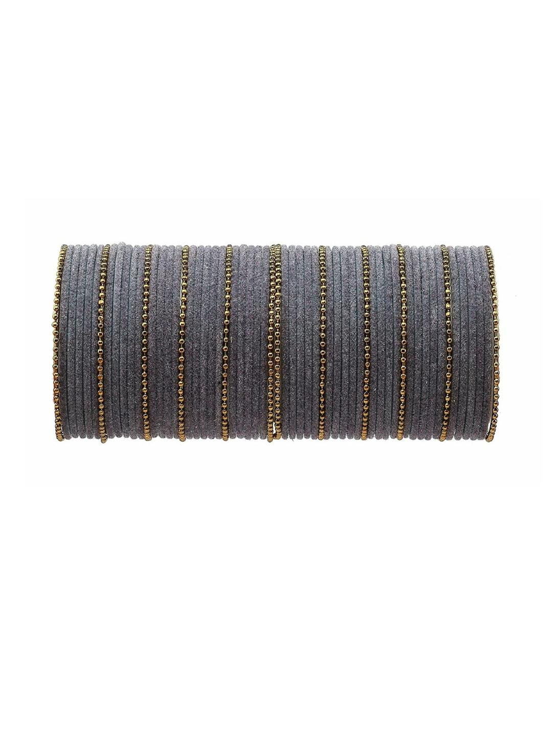Guddan Set of 60 Grey & Golden Metal Velvet Bangle Set