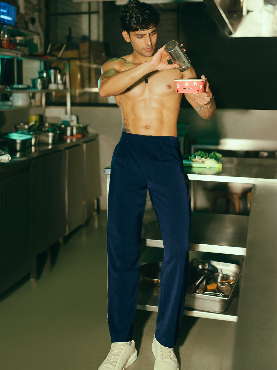 FREAKINS Men Space Blue Pleated Straight Korean Pants