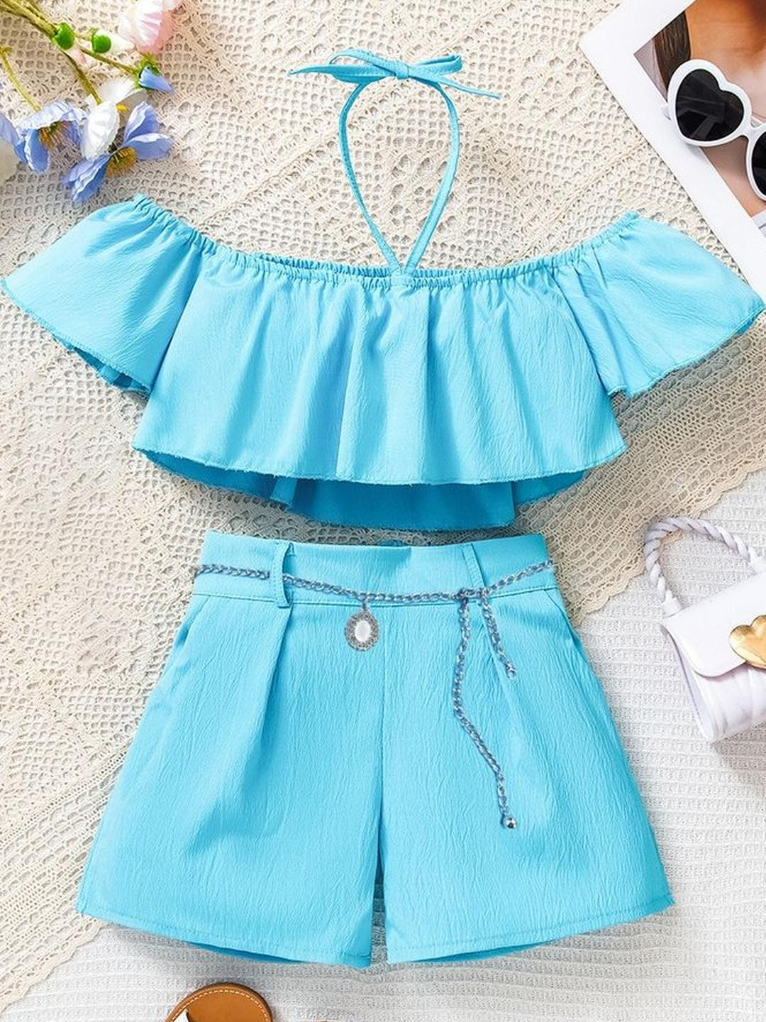 LULU & SKY Girls Halter Off-shoulder Pure Cotton Top With Shorts