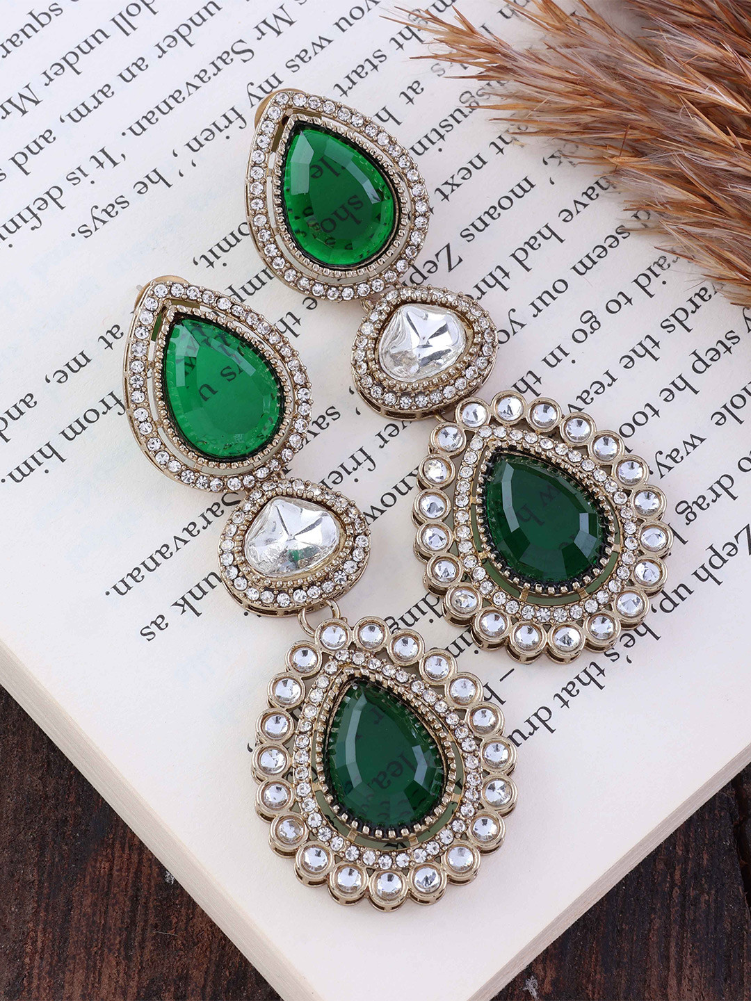 SHONA'S STYLE Brass-Plated Zircon Studded Teardrop Shaped Drop Earrings