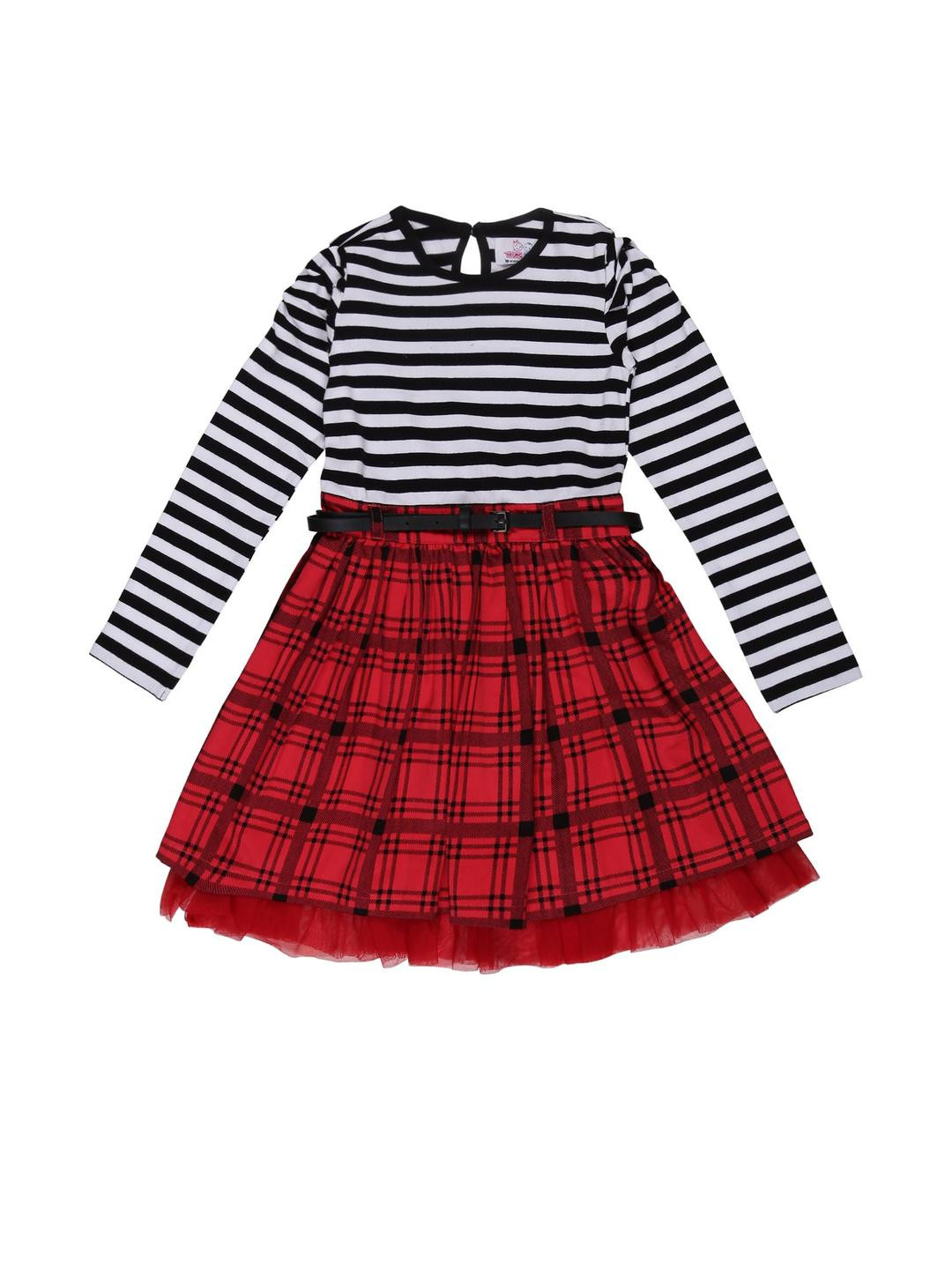 YOUNG BIRDS Girls Striped Cotton Fit & Flare Dress Comes with a belt