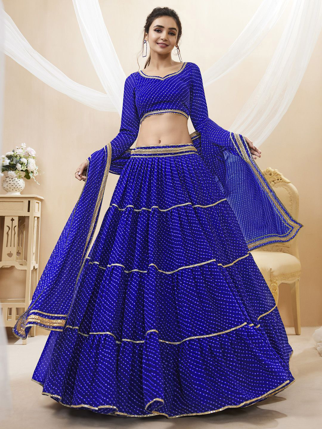 ETHNIC PLUS Printed Semi-Stitched Georgette Lehenga & Unstitched Blouse With Dupatta
