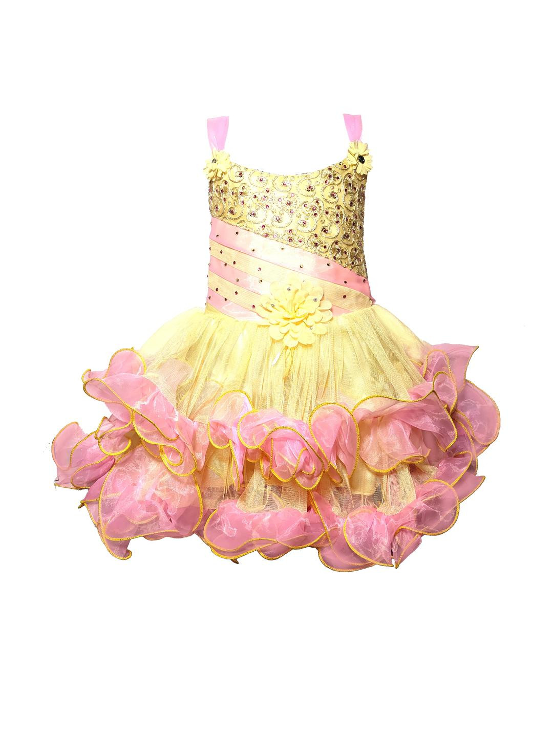 Samjho Fashion Pink And Yellow Floral Ruffled Fit & Flare Dress
