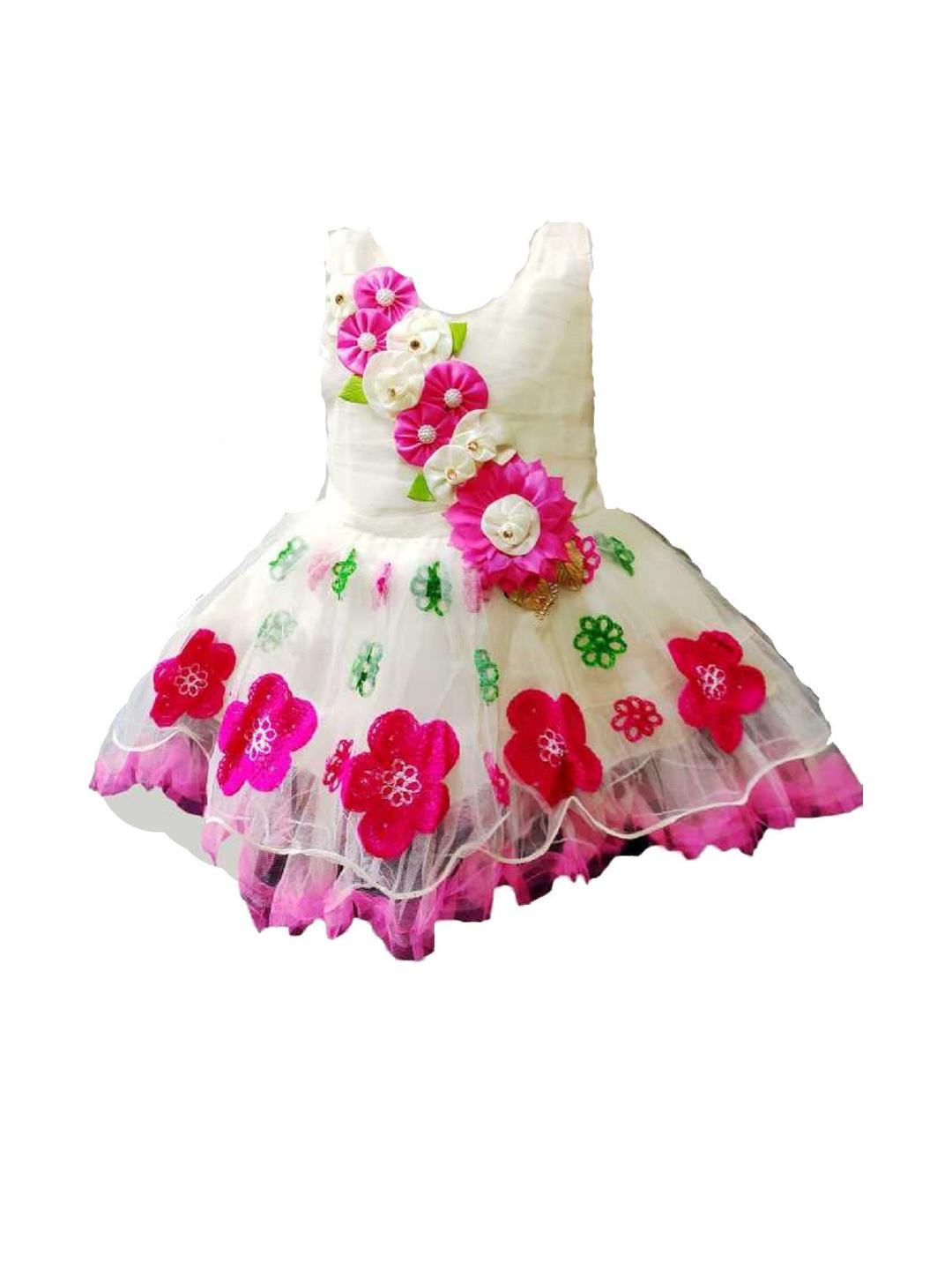 Samjho Fashion Girls Pink & Off White Floral Printed Georgette Fit & Flare Dress