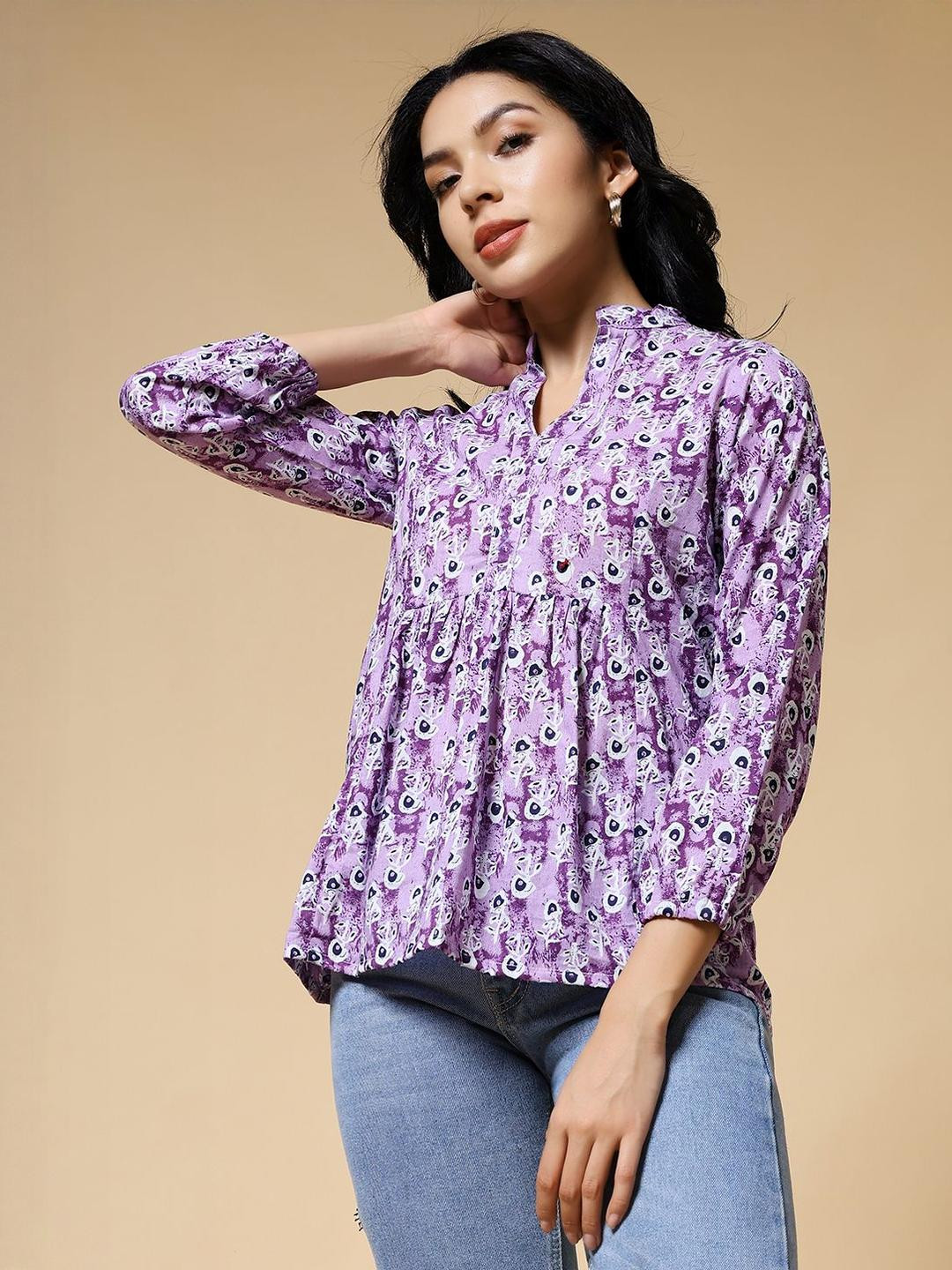 Womenster Printed Mandarin Puff Sleeves Regular Top
