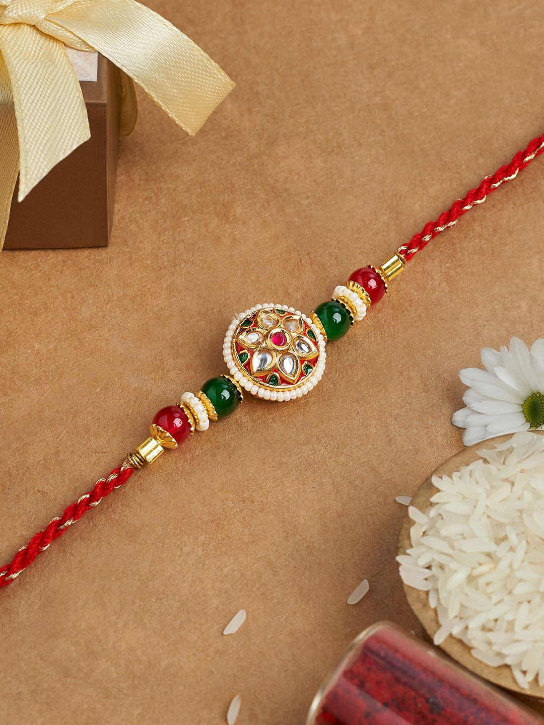 TEEJH Kundan Stone Studded & Beaded Thread Rakhi