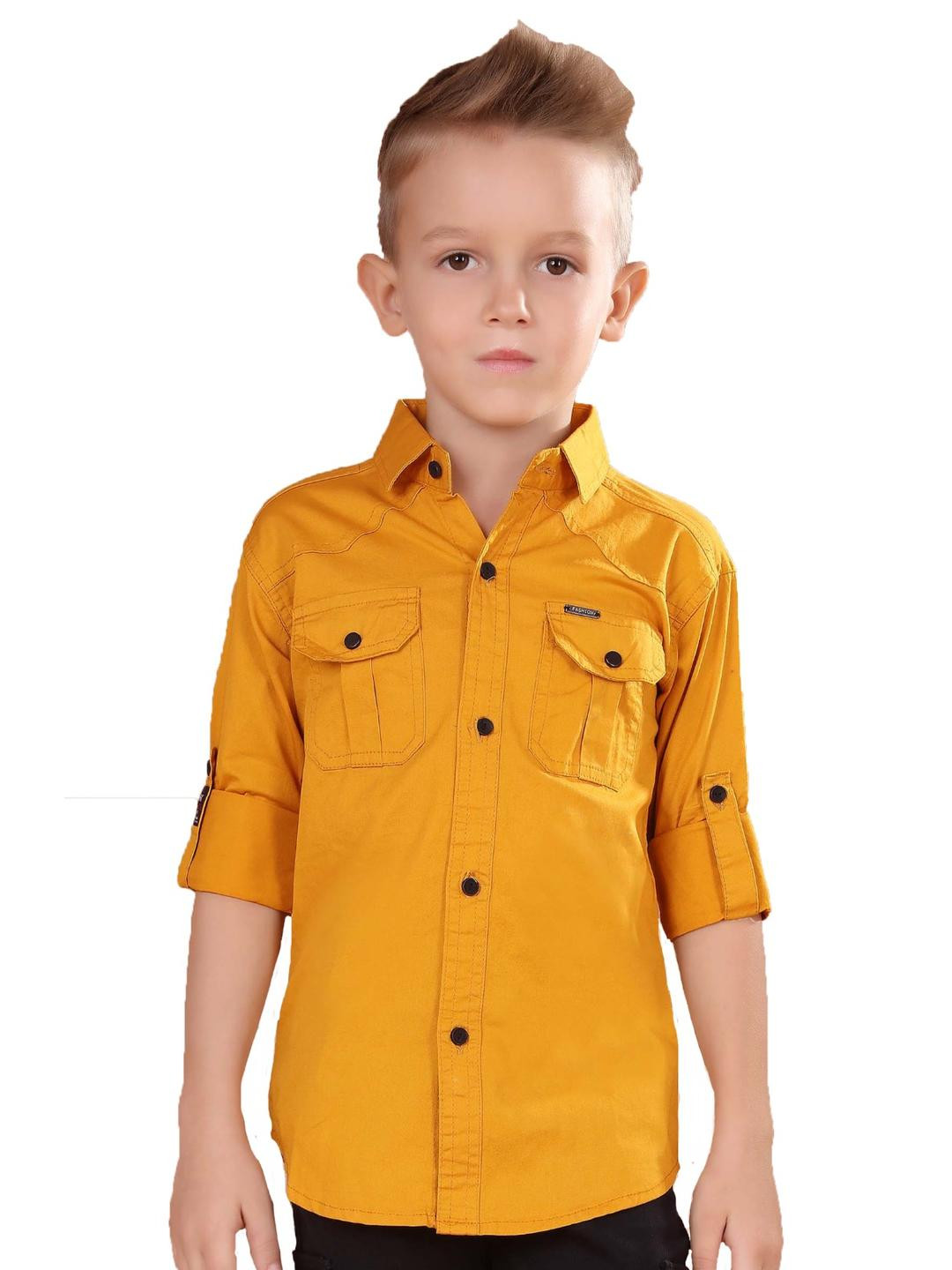 Havok kids Yellow Cotton Spread Collar Solid Shirts