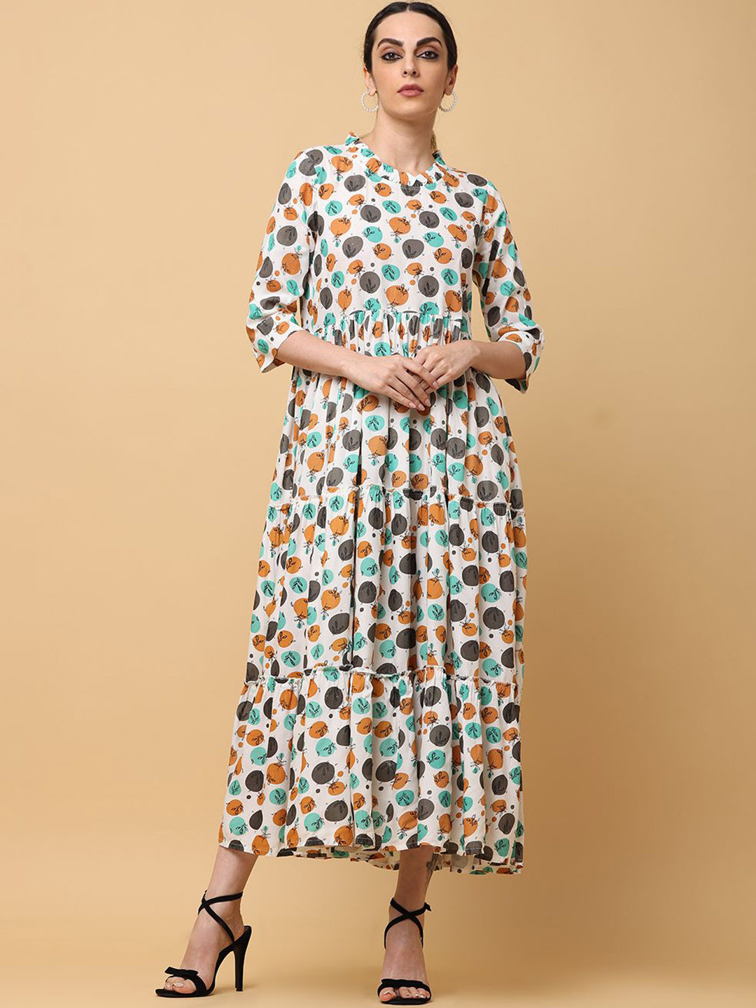 HERE&NOW Printed & Trim Work Fit & Flared Ethnic Dresses