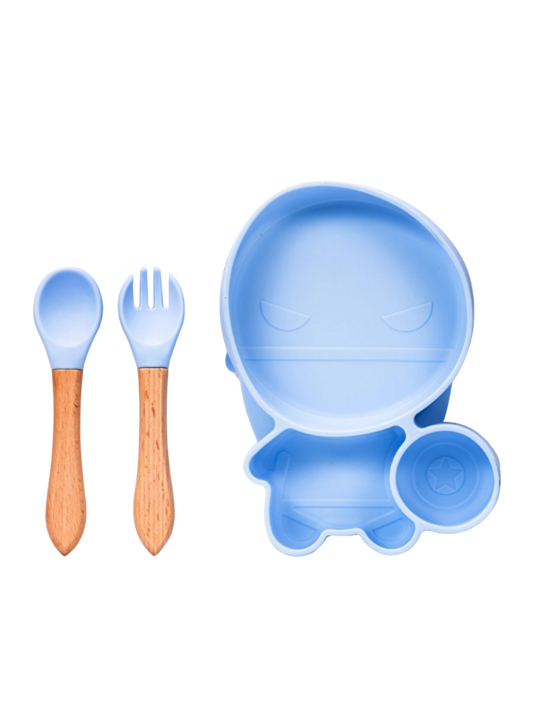 Adore Kids 3Pcs Blue & Brown Textured Silicone & Bamboo Baby Utensils Set
