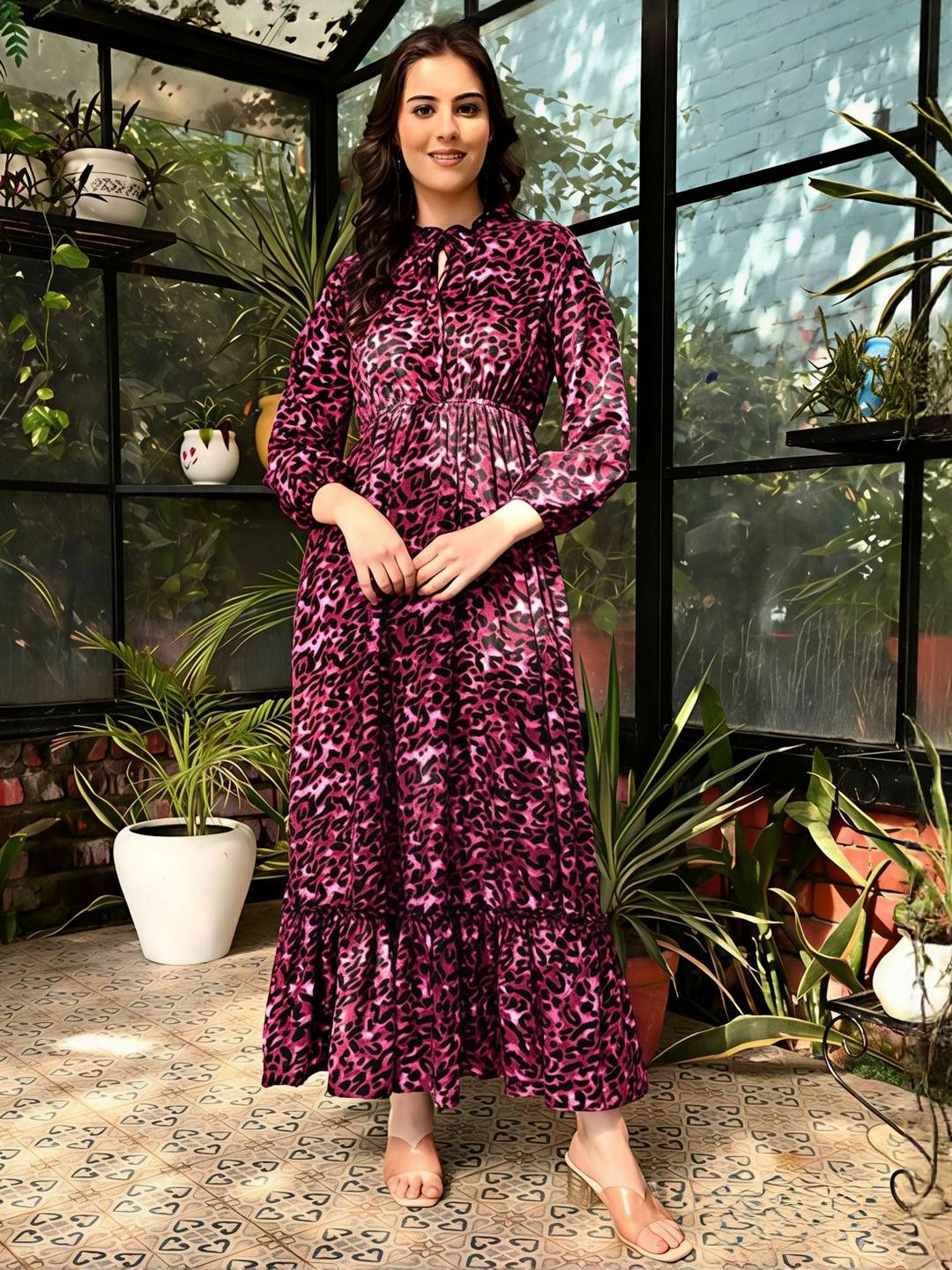 KZULLY STYLE Abstract Printed Tie-Up Neck Bishop Sleeves Fit and Flare Maxi Dress