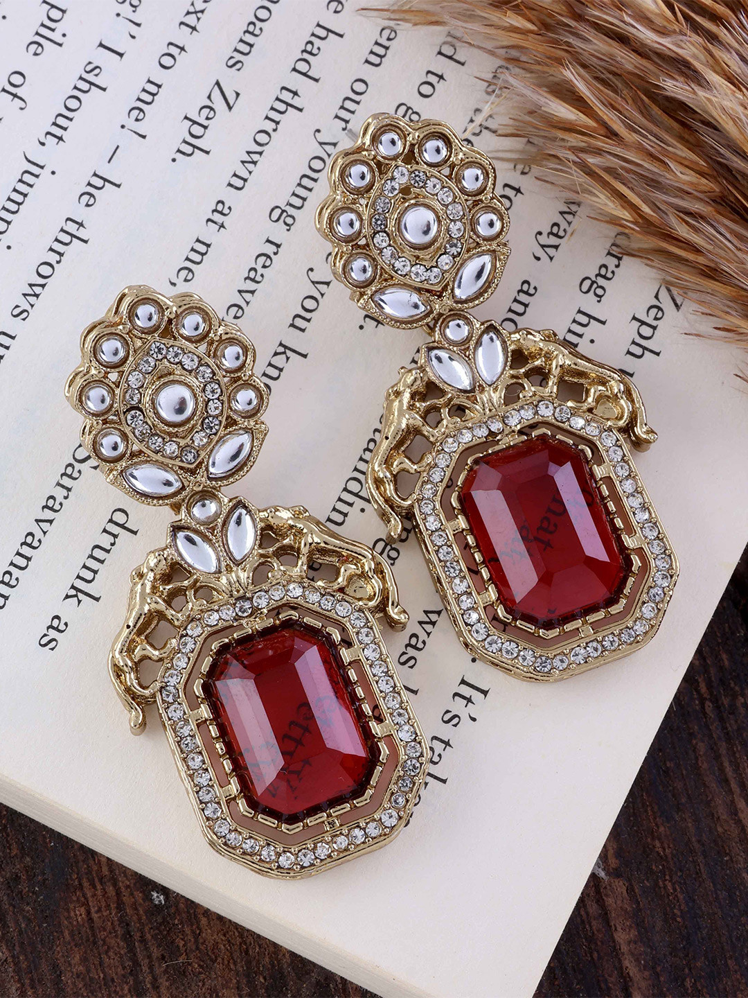 SHONA'S STYLE Brass-Plated Garnet Studded Octagon Shaped Drop Earrings