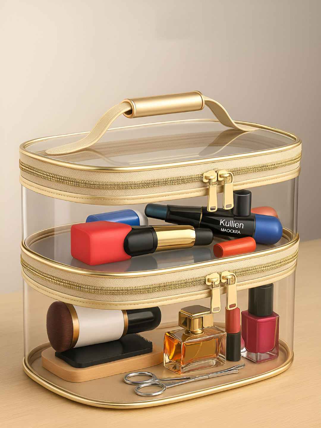 Ajabh Gold Toned Waterproof Double-Layer Travel Makeup Organiser