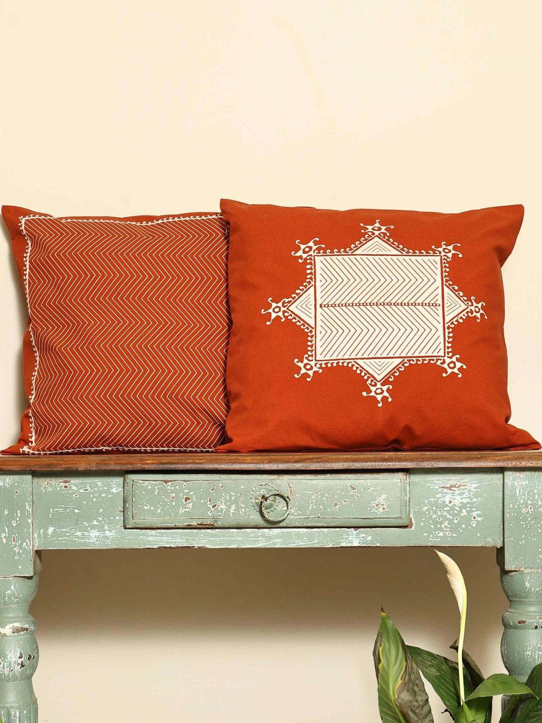 Crown of Poppies Rust & Brown Set of 2 Ethnic Motifs Square Cushion Covers