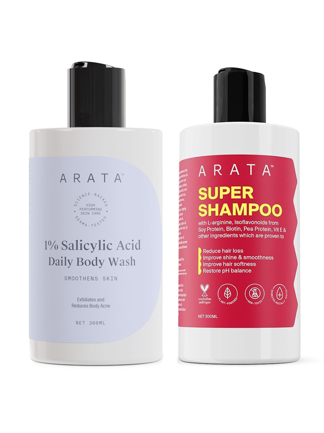 ARATA Set of Plant-Powered Super Shampoo & Salicylic Acid Daily Body Wash - 300 ml each