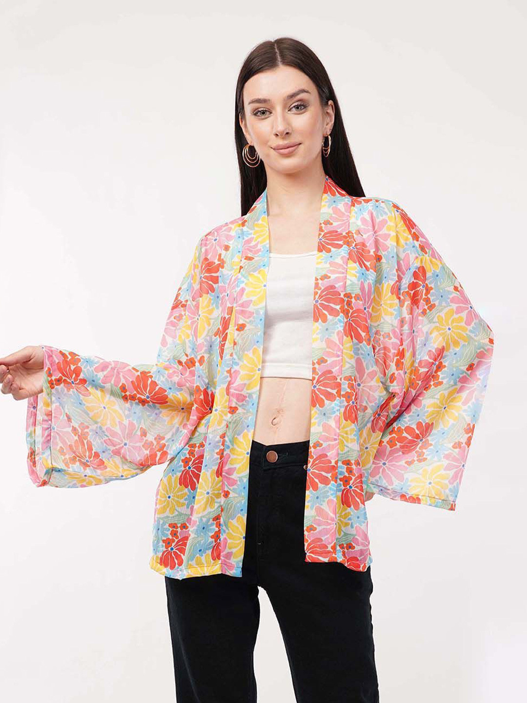 FLY STITCH Floral Printed Longline Chiffon Open Front Shrug