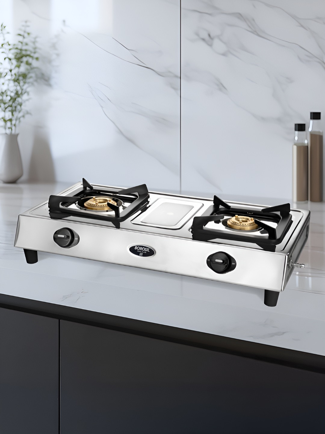 BOROSIL 2 Burner Steel Gas Stove With Dip Tray & 360 Revolving Nozzle Burner