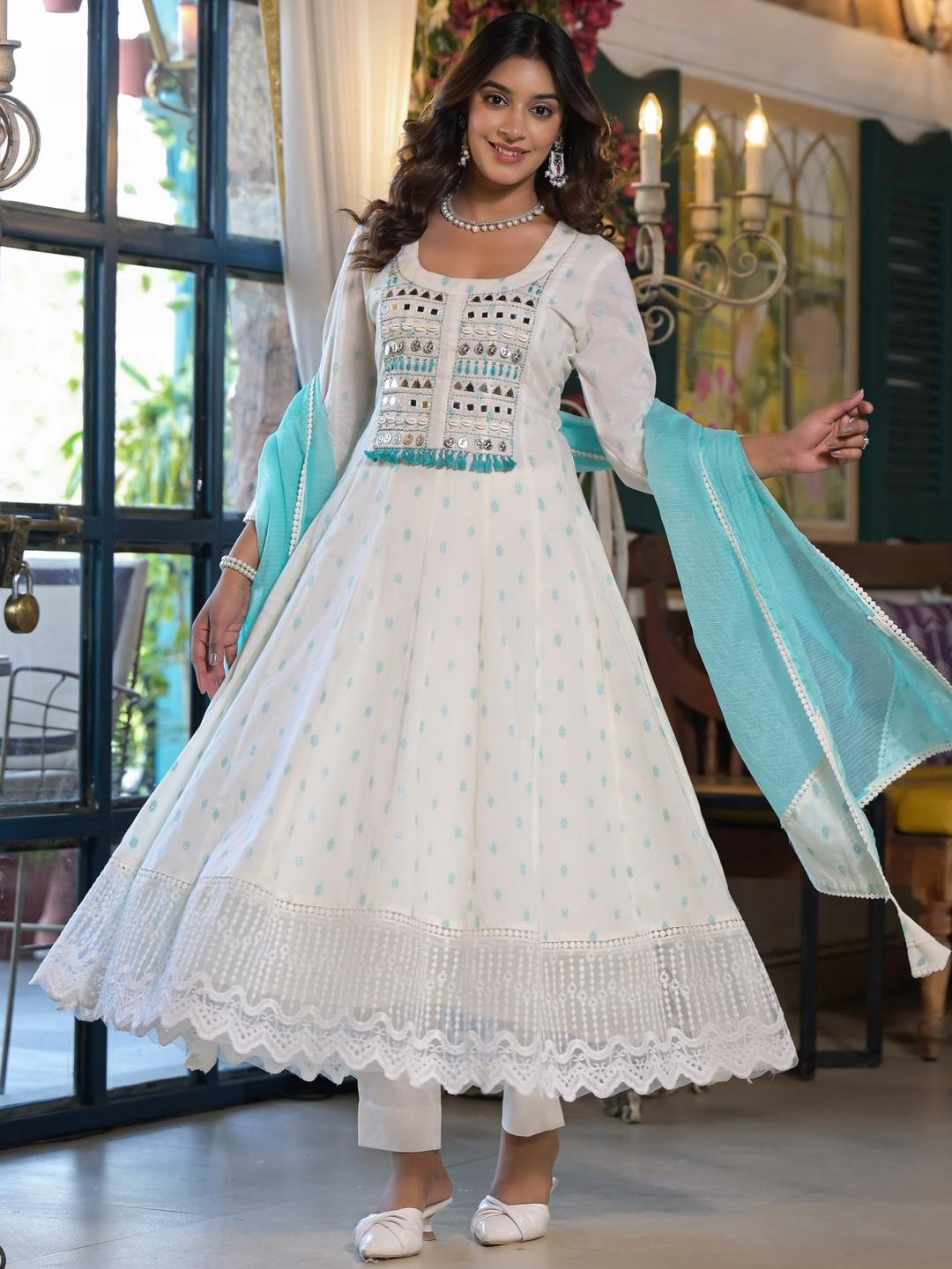 Aavanya Green Cotton Anarkali Square Neck Mirror Work Kurta & Trouser With Dupatta