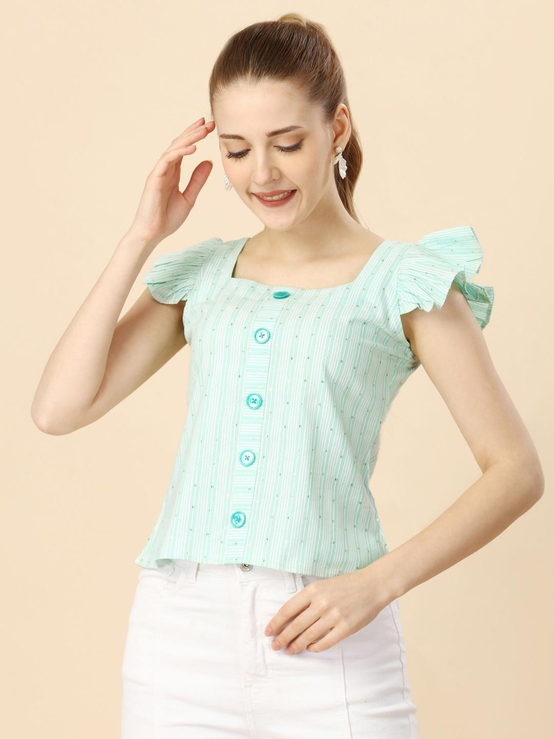 Glomee Women Vertical Stripes Square Neck Crop Top