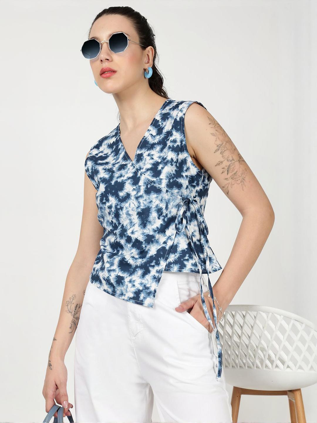 Bene Women Overlap Printed Slim Fit Top with Side Knot