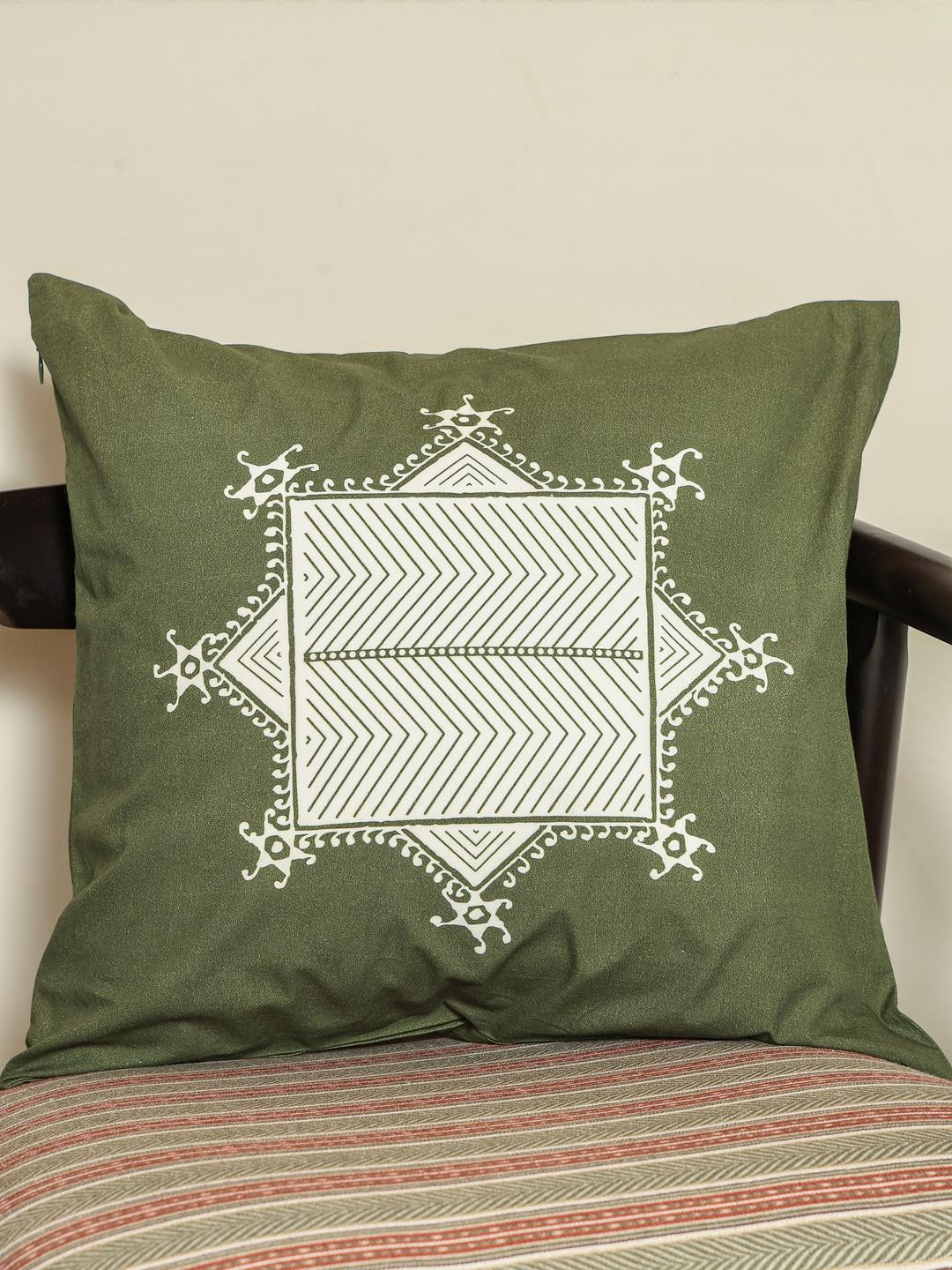 Crown of Poppies Olive Green Pack Of 1 Square Cushion Covers