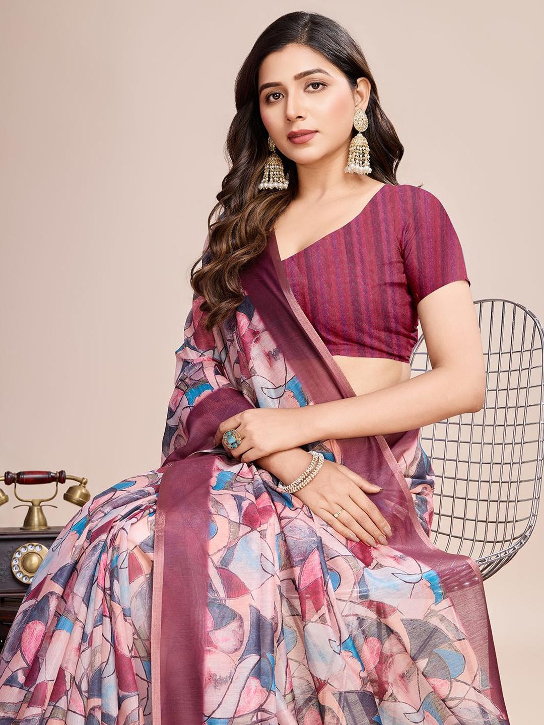 VARNI FABRICS Floral Pure Linen Ikat Saree With Blouse Piece