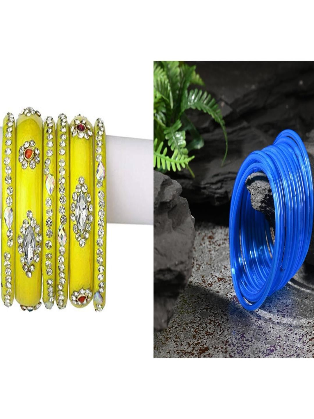 SOMIL Set of 18 Yellow Alloy Artificial Stones & Beads Bangles