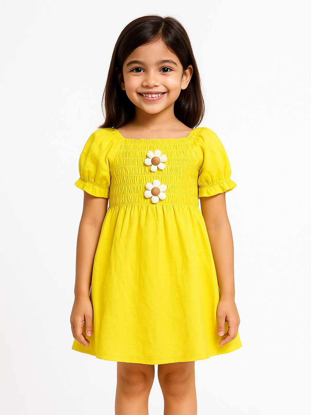 POP STREET KIDS Girls Square Neck Puff Sleeve Smocked Applique Cotton Fit And Flare Dress