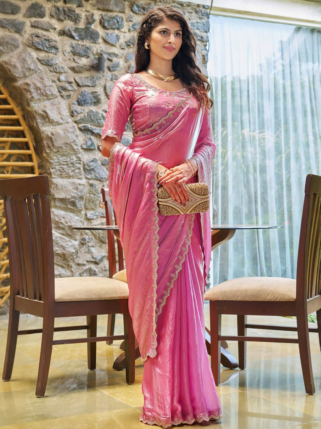 ANJANI TEXTILE Beads and Stones Tissue Saree