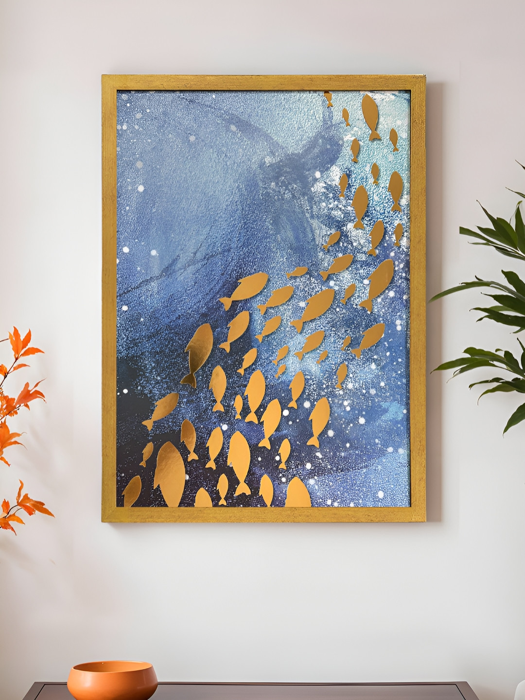 Art Street Gold-Toned & Blue Golden Fish Modern Abstract Scenery Wall Art