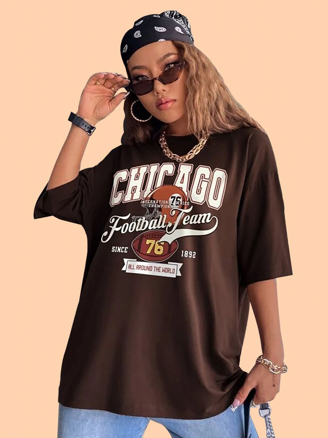 Christy World Typography Printed Round Neck Drop-Shoulder Sleeves Oversized T-shirt