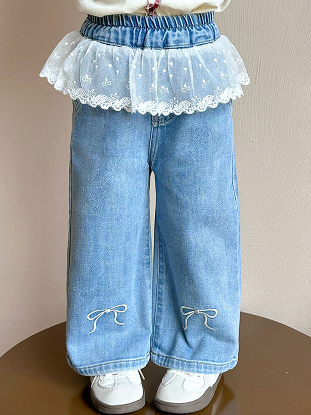 LULU & SKY Girls Wide Leg High-Rise Embroidered Lace-trimmed Light Fade Jeans