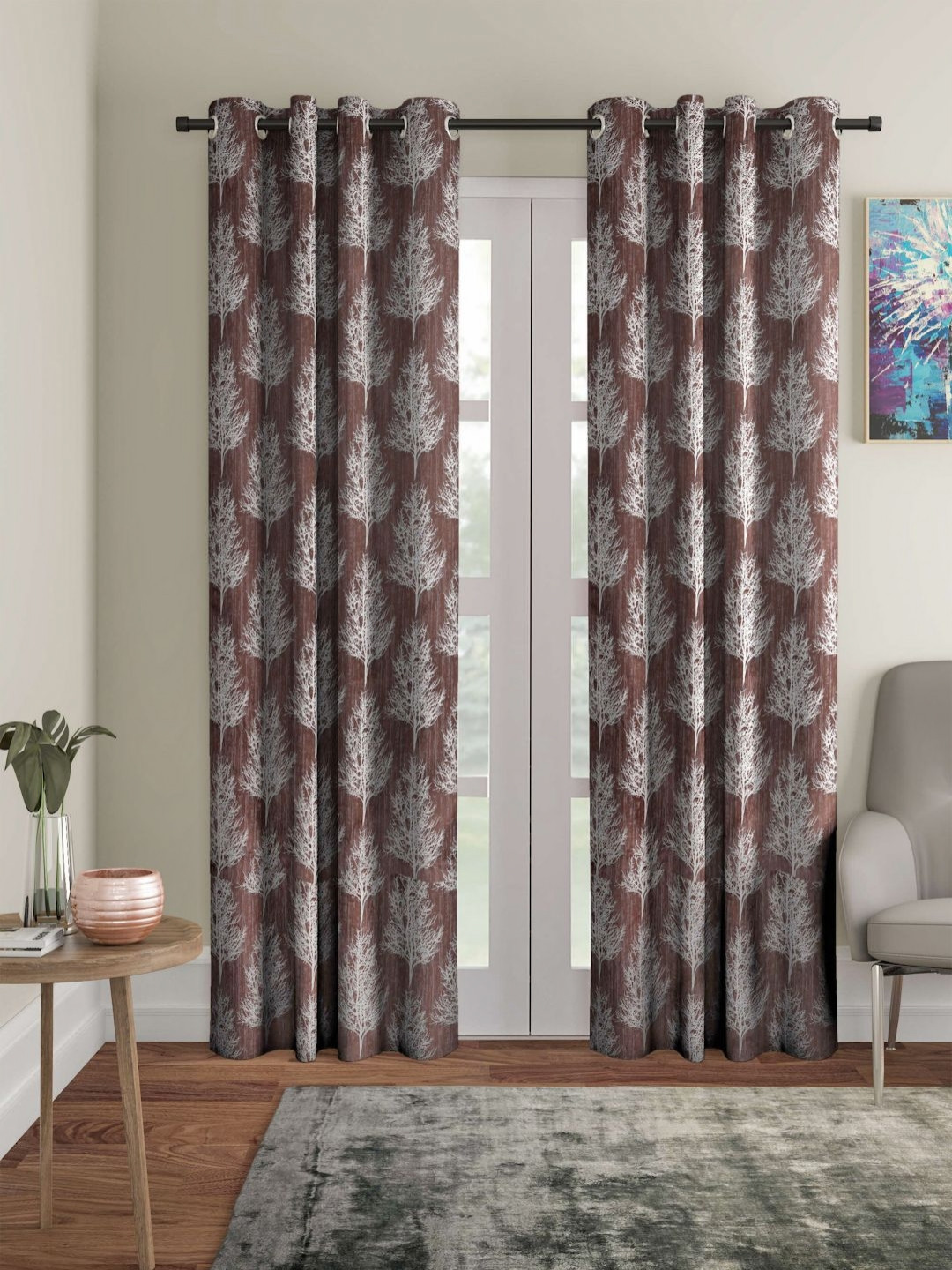 STITCHNEST Copper-Toned 2 Pieces Floral Printed Jacquard Black Out Door Curtains