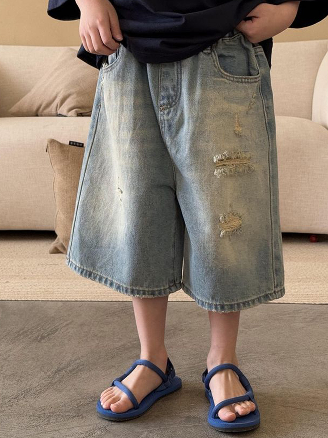 LULU & SKY Boys Washed Loose Fit Distressed Jorts