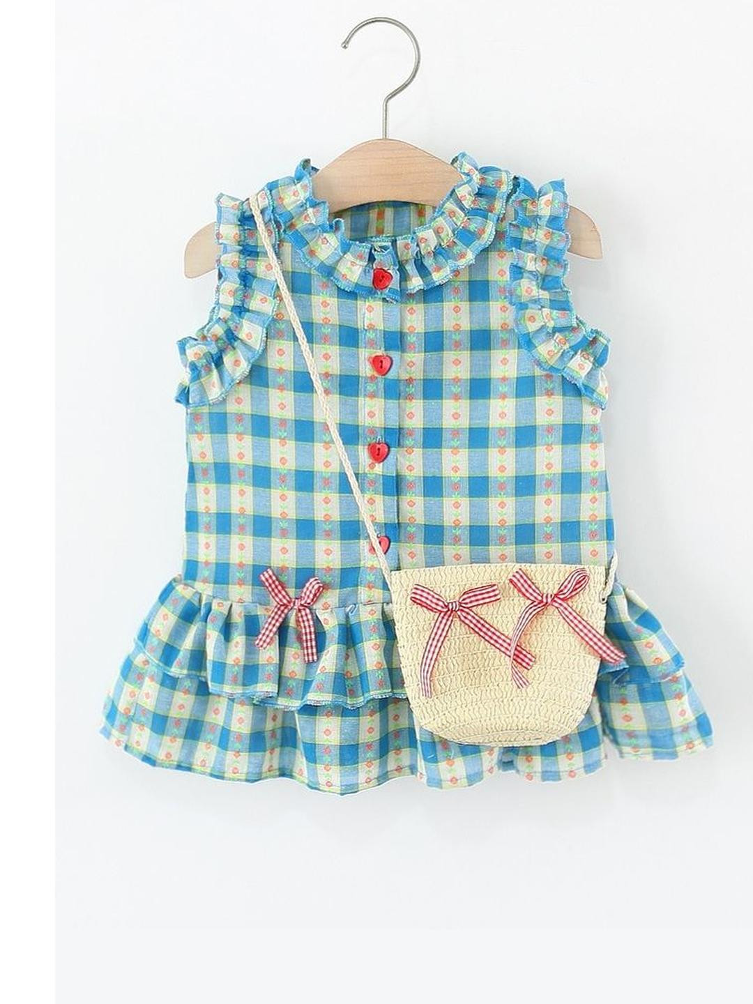LULU & SKY Girls Checked Cotton Drop-Waist Dress With Sling Bag